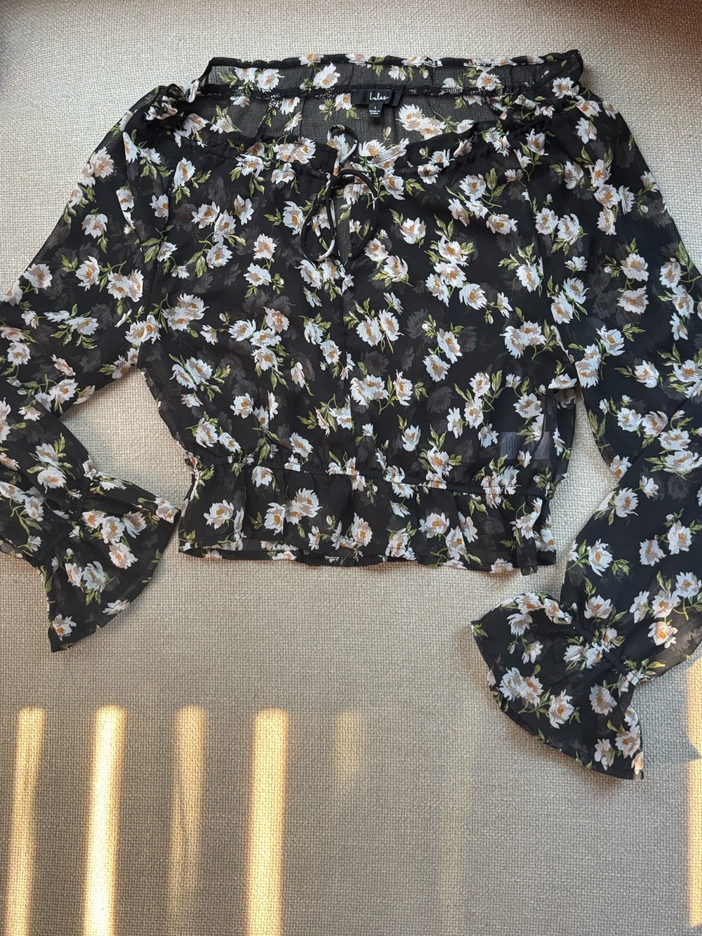 Lulus New Black Floral Peasant Off-Shoulder Blouse Size Large